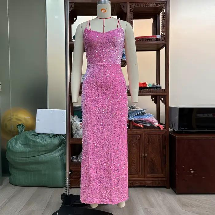 Robe longue de soirée sexy dos nu pour femme, ornée de sequins, avec fente, style industriel