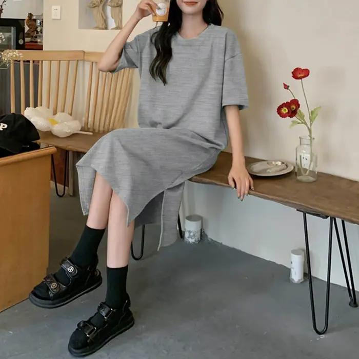 Robe mi-longue décontractée à manches courtes pour femmes, grande taille, ample, couleur unie, mi-lo
