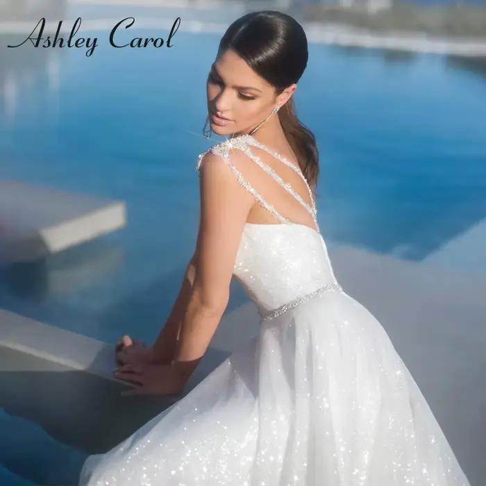 Ashley Carol-Robe de Mariée Trapèze Sexy et Brillante, Tenue de Plage Élégante avec Perles de Clip, 