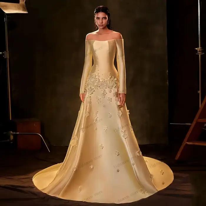 Robes de Soirée Glamour en Satin, Robe de Bal avec Appliques 3D, Manches Longues, Modeste, فساتين سه