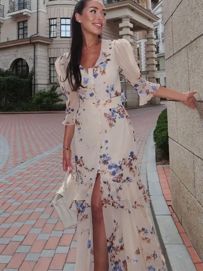 Robe longue chic rose à imprimé floral pour femme, élégante, col en V, volants, manches évasées, fro