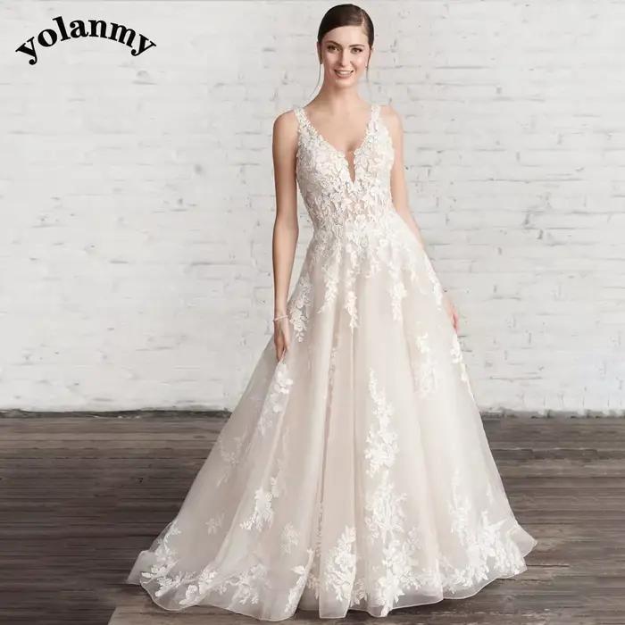 YOLANMY-Robe de mariée classique en tulle pour femme, ligne A, col en V, dos nu, train chapelle, per
