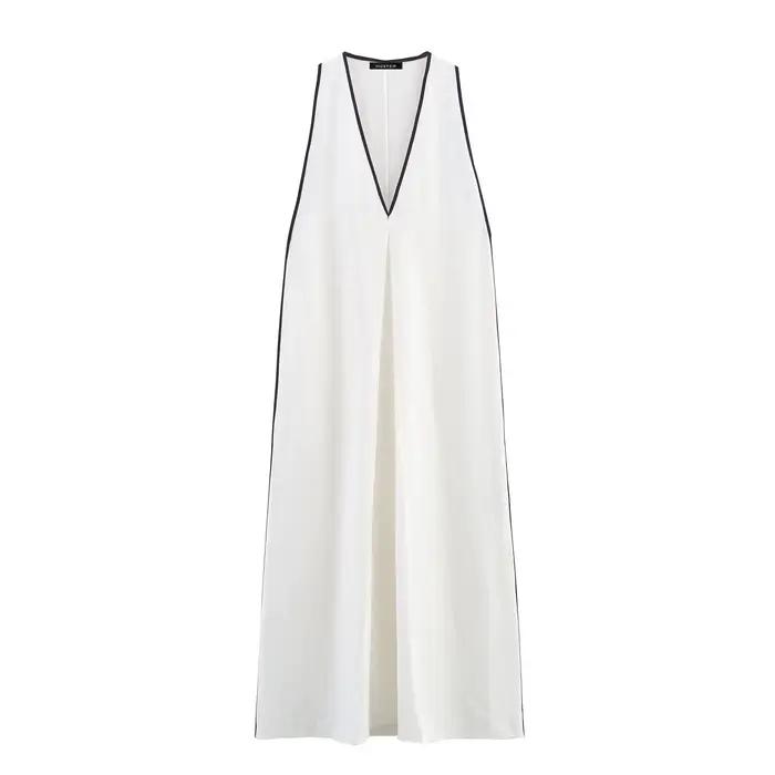 HH femmes vacances nouveau solide col en v lin mélange robe mi-longue été femme élégante Sexy sans m