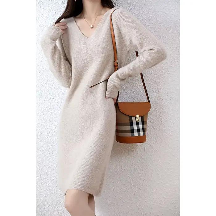 Femmes élégantes robes pull en cachemire 100% laine mérinos Sexy col en v décontracté jupe tricotée 