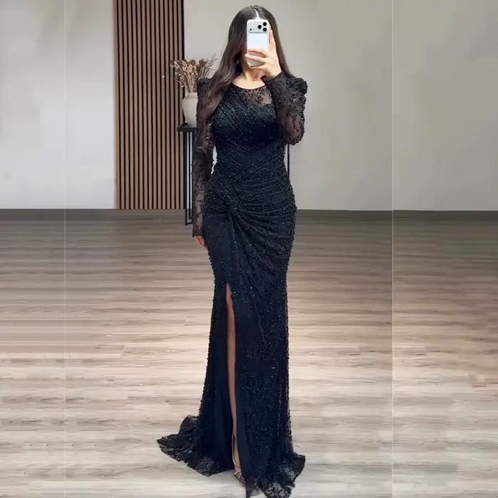 Robes de soirée de luxe personnalisées pour femmes, col rond, plissées, longueur au sol, robe de soi