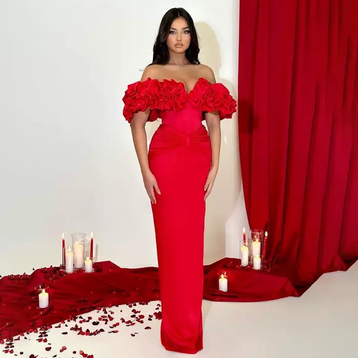 Robe de Soirée de Luxe Rouge pour Femme, Fourreau/Colonne, Plissée, Dos aux, à Lacets, Tenue de Bal 