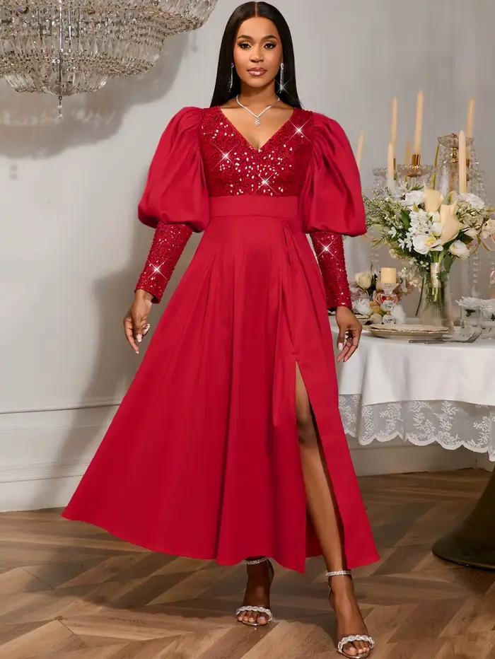 Robe trapèze à col en V pour femmes, manches longues lanterne, taille haute, paillettes, Patchwork, 
