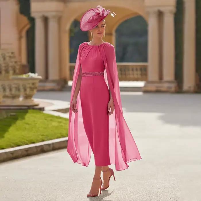 Robes d'invité de mariage roses chaudes pour femmes, colonne, col rond, longueur de rinçage, robe mi