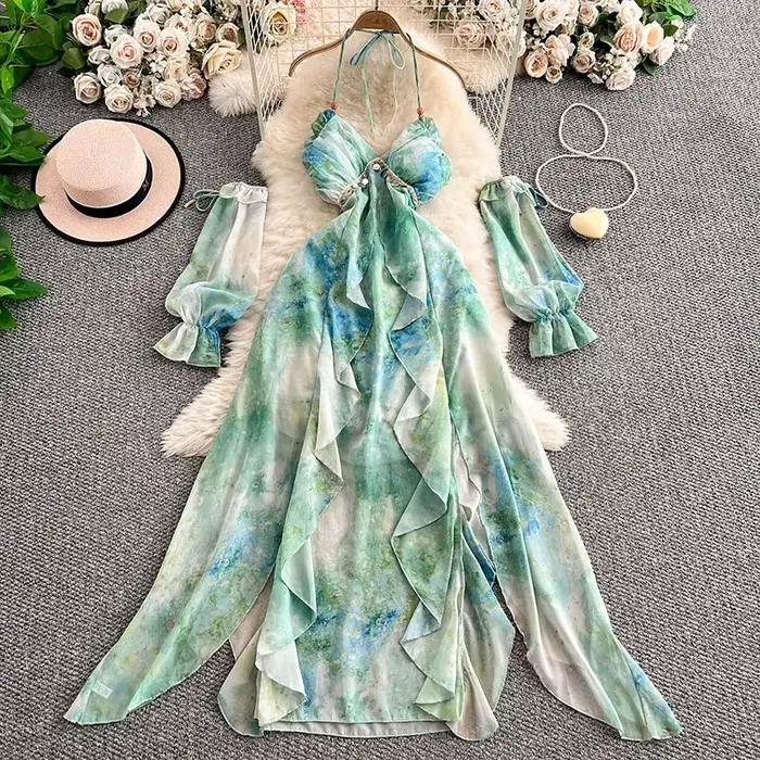 Robe en mousseline de soie pour les vacances d'été à la plage, nouvelle mode féminine, sexy, dos nu,