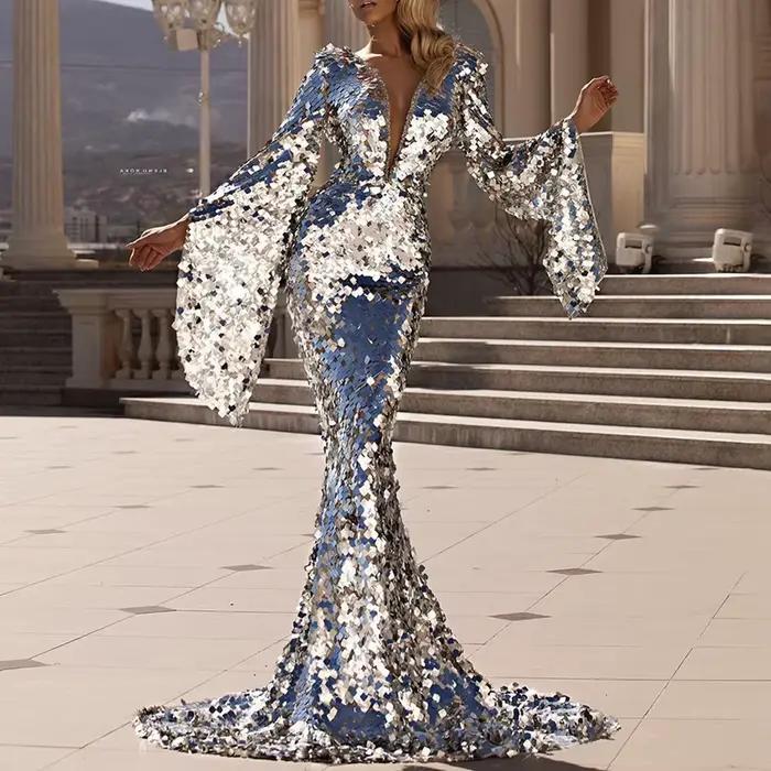 Robe de soirée sirène élégante pour femme, sexy, à col en V, ornée de sequins argentés, moulante, à 