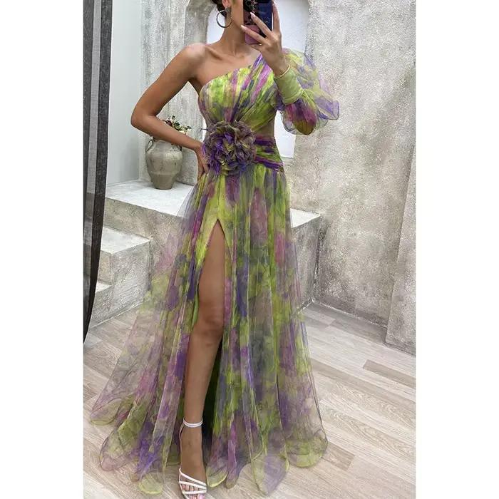 Robe de soirée en maille pour femmes, motif Vintage imprimé, taille haute, longue, asymétrique épaul