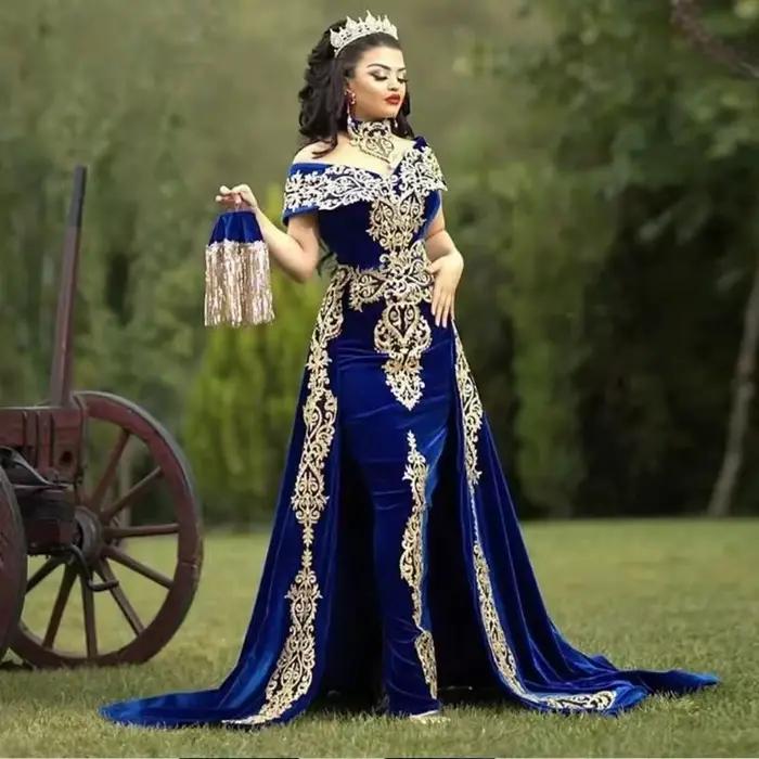 Robe de soirée en dentelle dorée, caftan marocain, caftan, caftan musulman, mancherons, bleu royal, 