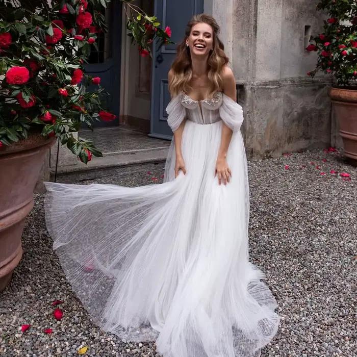 Robe De Mariée Bohe élégante en dentelle, avec des appliques perlées, épaules dénudées, Robe De soir