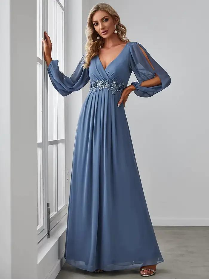 Robes de soirée élégantes à manches longues et col en V, en mousseline de soie bordeaux, avec ceintu