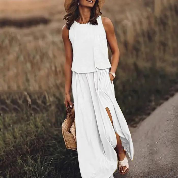 Robe longue d'été 2026 style vacances, couleur unie, col rond, sans manches, à bretelles