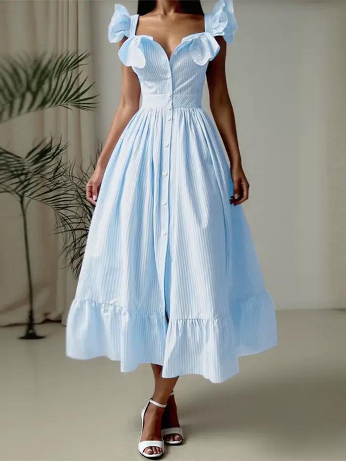ZANZEA Vintage Swing Robe Midi 2025 été rayé Robe imprimée Sexy à volants sans manches Robe femmes p