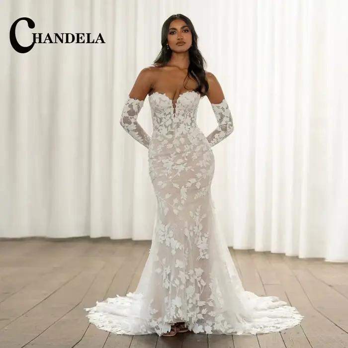 CHANDELA-Robe de Mariée Sirène Glamour, Col en V, Manches sulf, Fermeture Éclair avec Bouton, Traîne