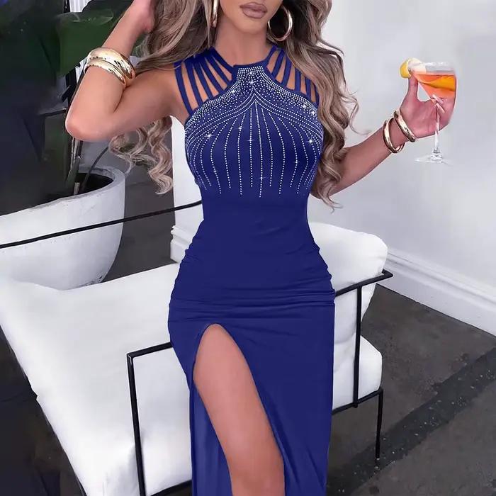 Robe pour femme 2026 avec perles brodées élégantes, ourlet évasé et fente au dos – Parfaite pour les