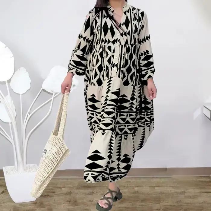 Robe longue plissée à manches longues pour femmes, imprimé Boho, mode dames, Vintage, Boho, plage, M