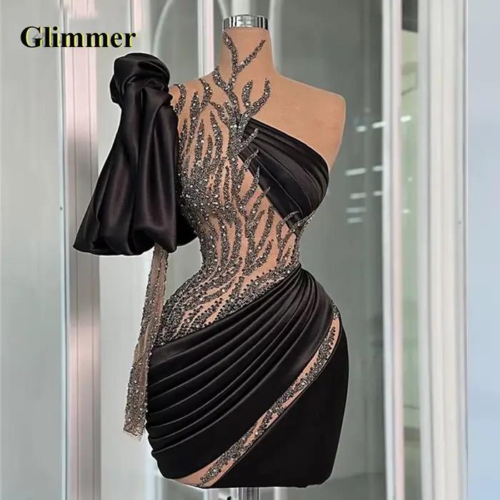 Robes De remise De diplôme noires scintillantes pour adolescents, asymétrique épaule dénudée, Robes 