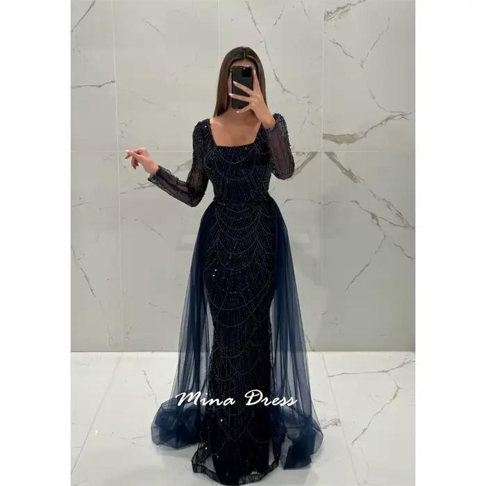 Mina personnalisé gemme robe de bal manches longues robes de bal de luxe carré Leader robes de soiré