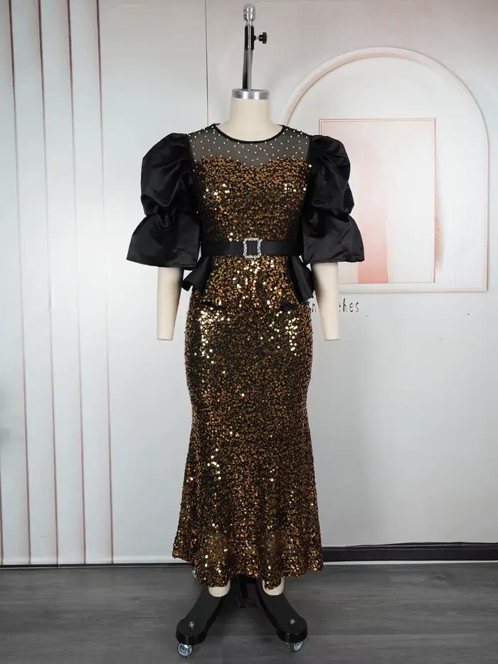 Robes de sirène de luxe à paillettes pour femmes, Robe longue de soirée de mariage, de bal, manches 