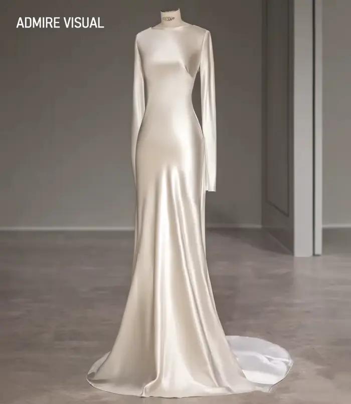Robe de Mariée en Satin à Manches sulfet Col Rond, Fourreau, Dos Ouvert, Sur Mesure, Nouvelle Collec
