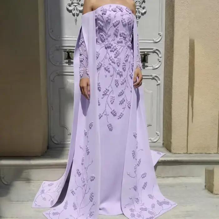 Robe de soirée élégante en jersey à manches longues, style A, avec applications lilas, robe de soiré