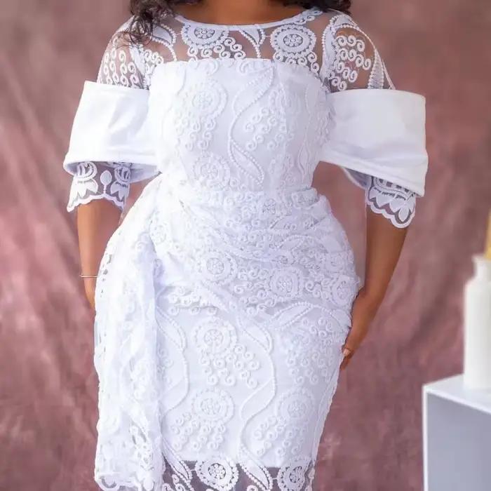 Robe mi-longue brodée à col rond pour femme, robes vintage en dentelle blanche, tunique GT Hip, rétr