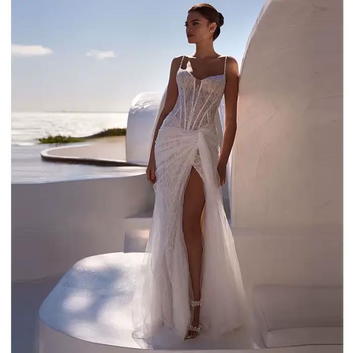 Robe De mariée sirène luxueuse en Organza avec broderie De perles, robe De bal sans manches, col car