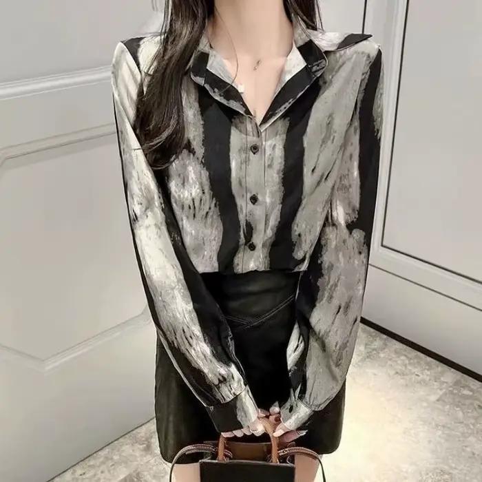 Chemisier teint par nouage pour femmes, Style automne 2026, dos profond, découpe, col à manches long
