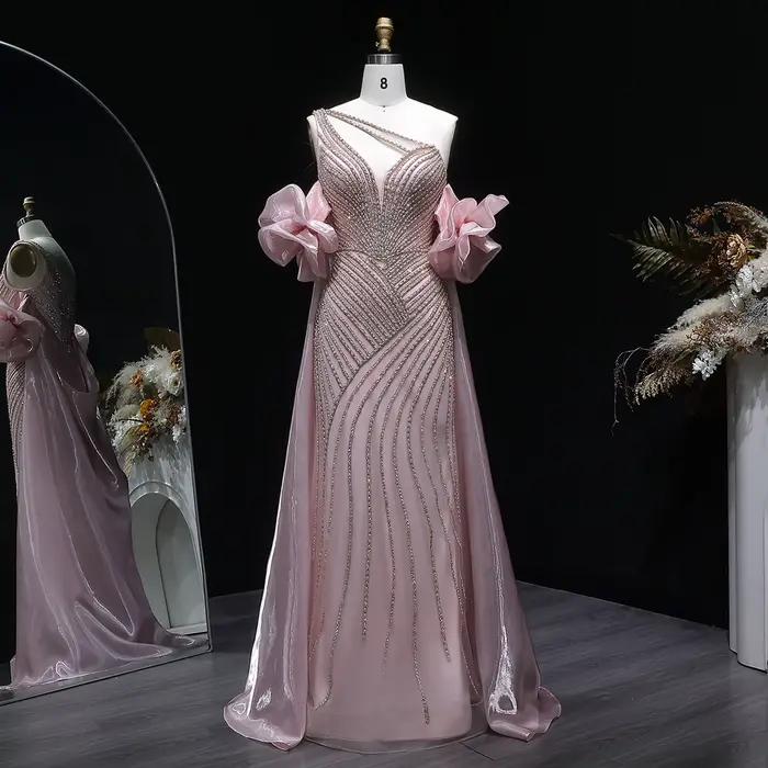 Robe de soirée Sharon Said Dubai rouge à une épaule avec manches bouffantes et perles شارون سعيد Rob