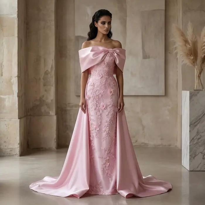Robe de soirée élégante Sharon Said à épaules dénudées, en satin, avec nœud et jupon, fleurs 3D, pou