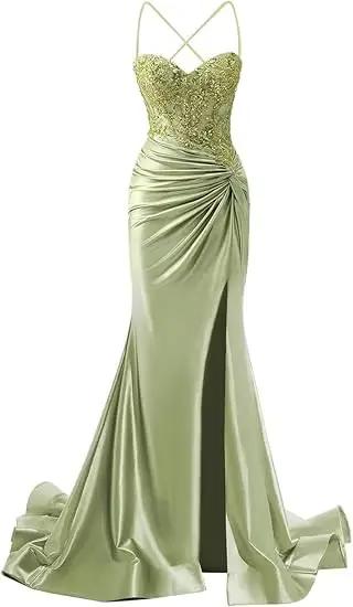 Robes de bal sirène vert sauge de luxe en dentelle à fines bretelles avec fente latérale haute, robe