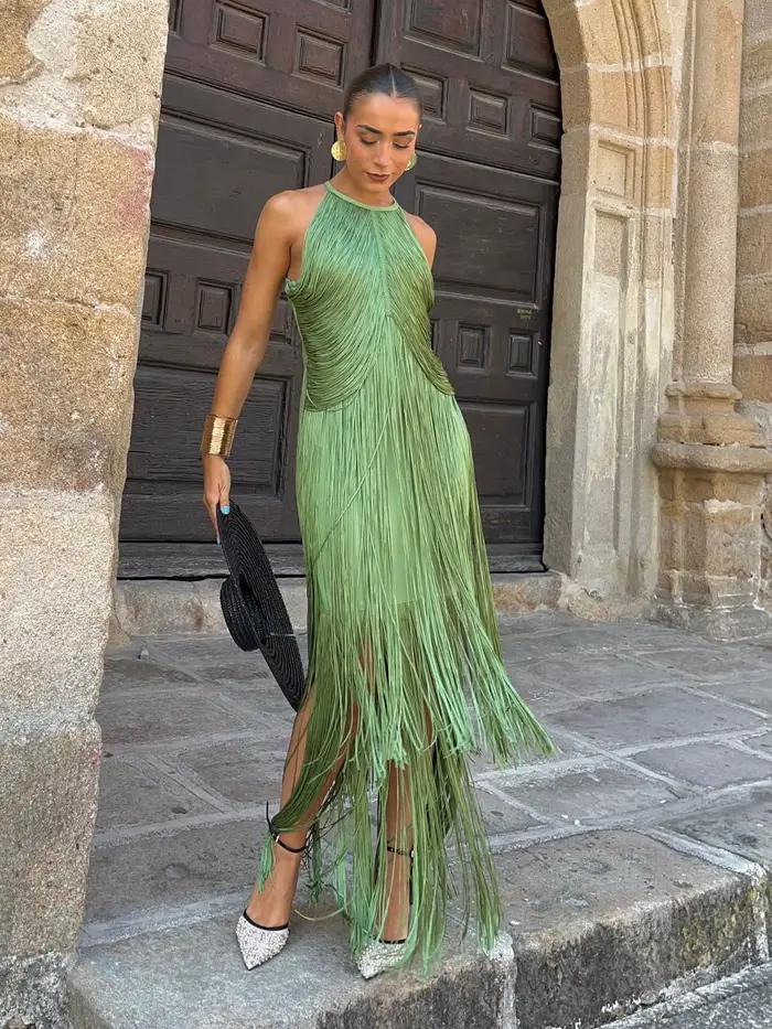 Robe longue de soirée avec franges pendantes autour du cou, robe de soirée formelle