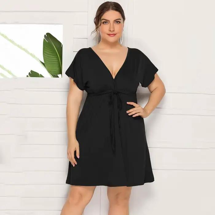 Mini robe femme, grande taille, col en V, manches courtes, tenue d'été Sexy, taille élastique, robes