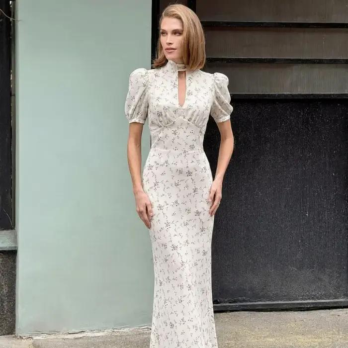 Robe longue élégante imprimée, respirante, fluide, à manches bouffantes, taille haute, pour l'été