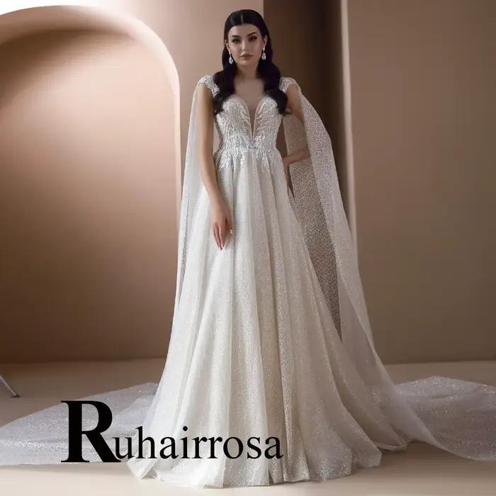 Ruhair – robe De mariée moderne, avec boutons, ligne a, manches cape, col rond, paillettes, personna