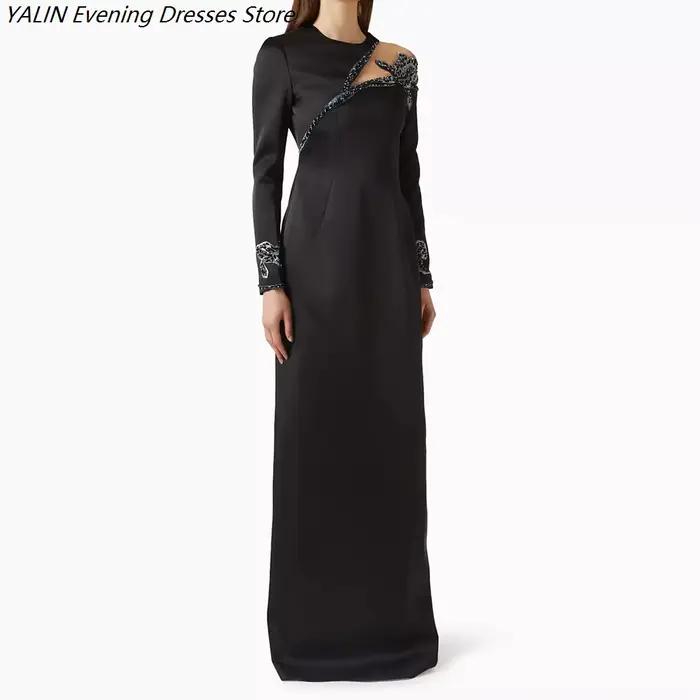 Robes de soirée droites pour femmes, longues jusqu'au sol, col rond, manches longues, robes de bal, 
