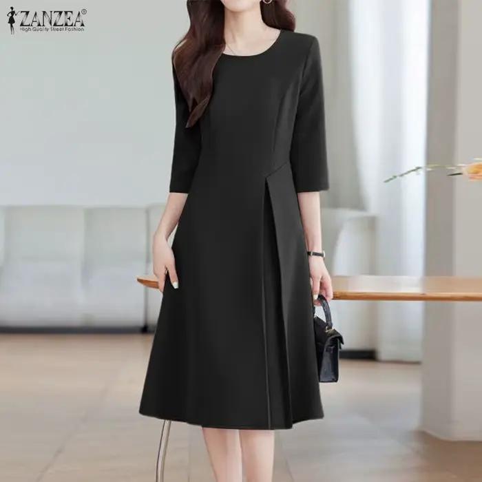 ZANZEA – robe trapèze noire élégante pour femmes, col rond, manches 3/4, coupe évasée, longueur aux 