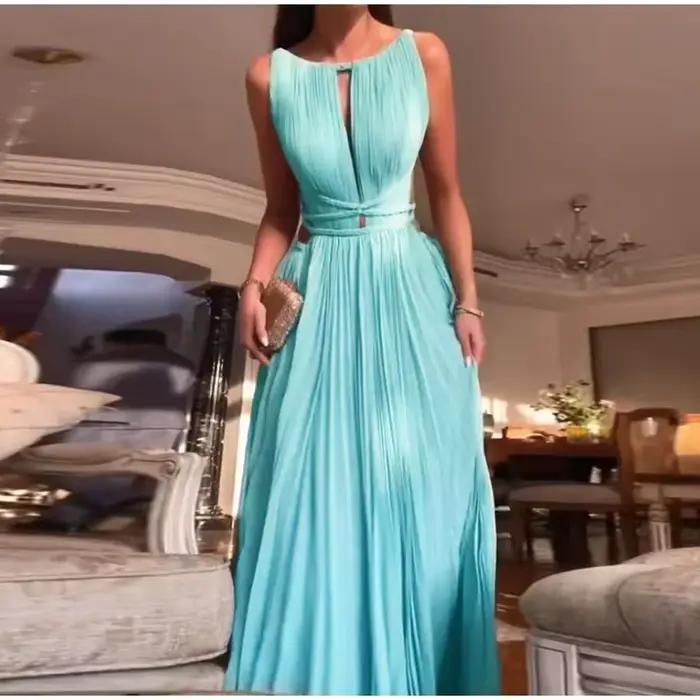 Robe plissée à lacets pour femmes, couleur unie, élégante, mode soirée, dos nu, ajourée, Maxi, 2025