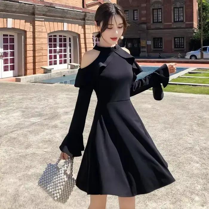 Robe noire sexy à manches longues pour femmes, robes pour femmes, tendance sensuelle, chic et élégan