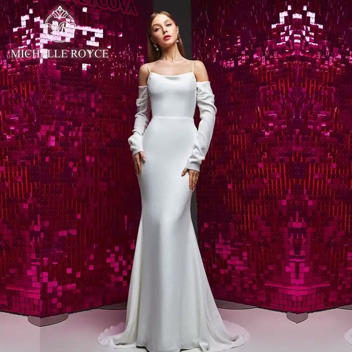 Michelle Royce a-ling robes De mariée Sexy col bateau bretelles Spaghetti dos nu élégant Court Train