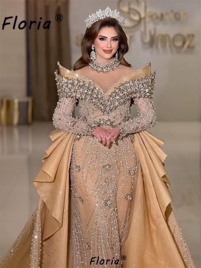 Robe de mariée sirène personnalisée en or de Dubaï avec traîne détachable et perles de cristal, robe