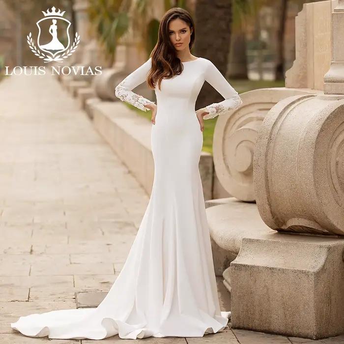 Modiis-Robe de mariée sirène à manches longues, appliques SCOOP élégantes, robe de mariée en satin a