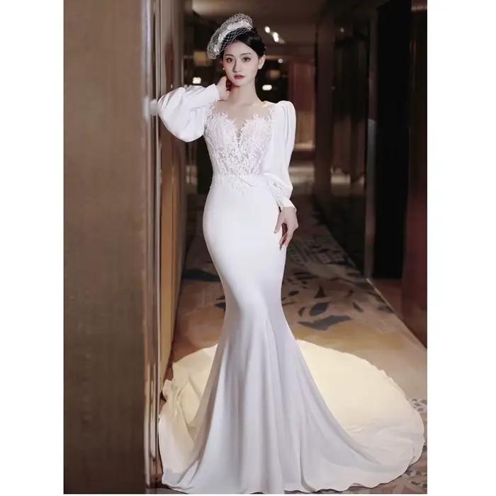 Robe de mariée française Simple, blanche, amincissante, queue de poisson, manches longues, petite qu