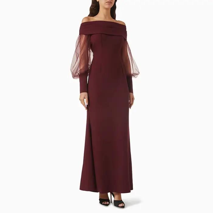Robe de Soirée Élégante Col Bateau Manches Longues Robes de Soirée Sirène en Jersey Longueur Ras du 