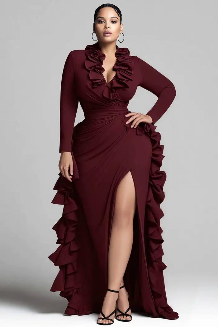 Grande taille formelle bordeaux col en V manches longues volants élégant fendu robes Maxi