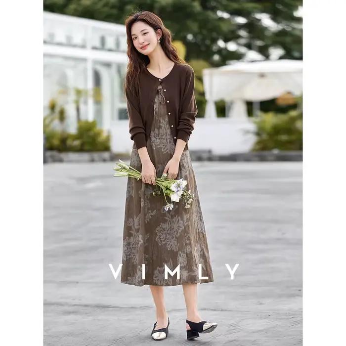VIMLY Tenues de Vacances Femme 2026 Ensembles Robes Décontractées Manches Longues Cardigan Tricoté R