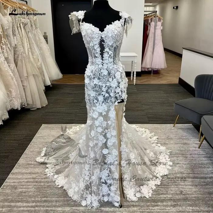 Yanshmigown-Robe de mariée sirène en dentelle florale personnalisée, robe de plage, chérie Boho, tou